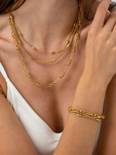 18K Gold - Plated Layered Chain Necklace and Bracelet Jewelry Set - Coolpeacock